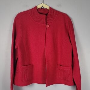 Kate Hill WOOL Classic Red Cardigan with Mock Collar Sweater Jacket